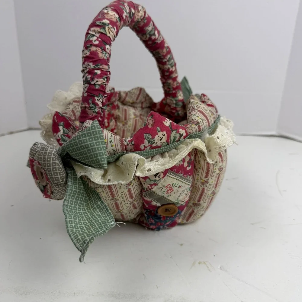 Handmade Quilted Patchwork Fabric Basket Floral Lace Button Country Cottage Red